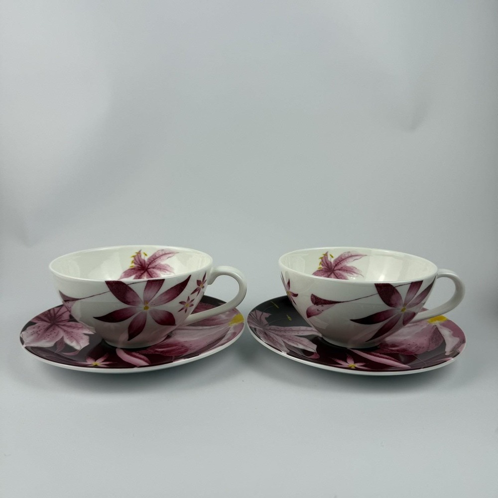 Andre Kim Hankook Aloha Fine Bone China Pink Floral Tea Cups Saucers Set 2 Korea